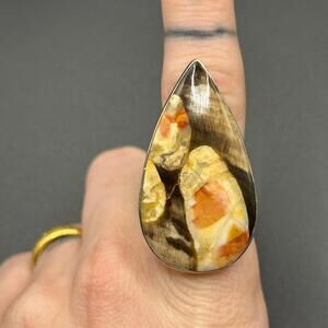Sterling Silver 925 Large Genuine Jasper Teardrop Stone Adjustable Size Ring